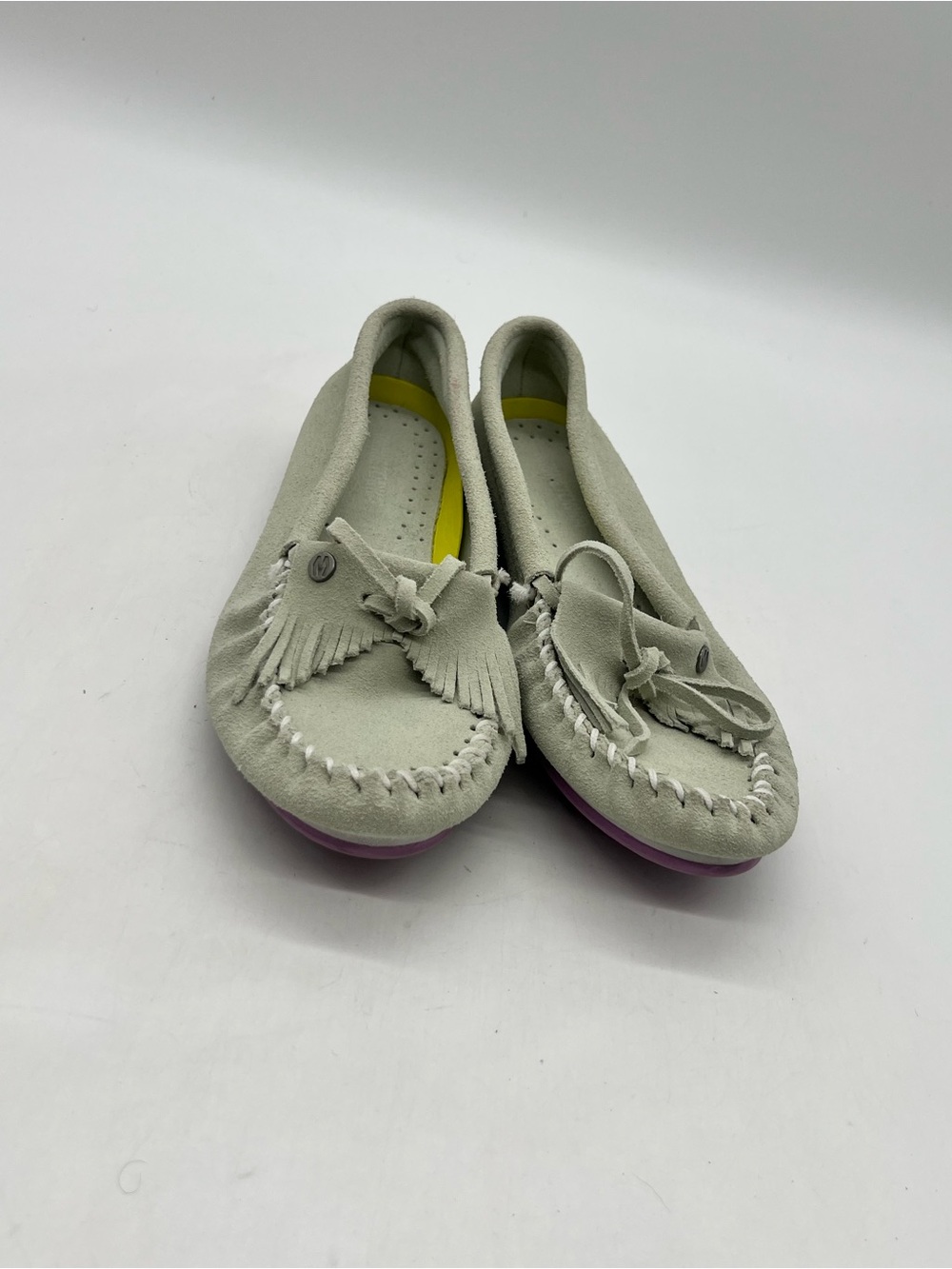 Minnetonka Kilty Plus Moccasins Women's 9.5 Gray Suede Casual Bow Loafers Shoes